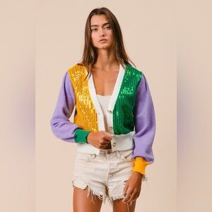 BiBi Sequin Colorblock Cardigan in Yellow, Green & Lavender